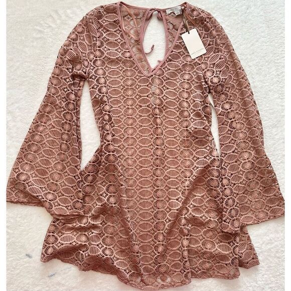 Green Envelope NWT dusty rose crochet bell sleeve open tie back swim coverup - Picture 2 of 6